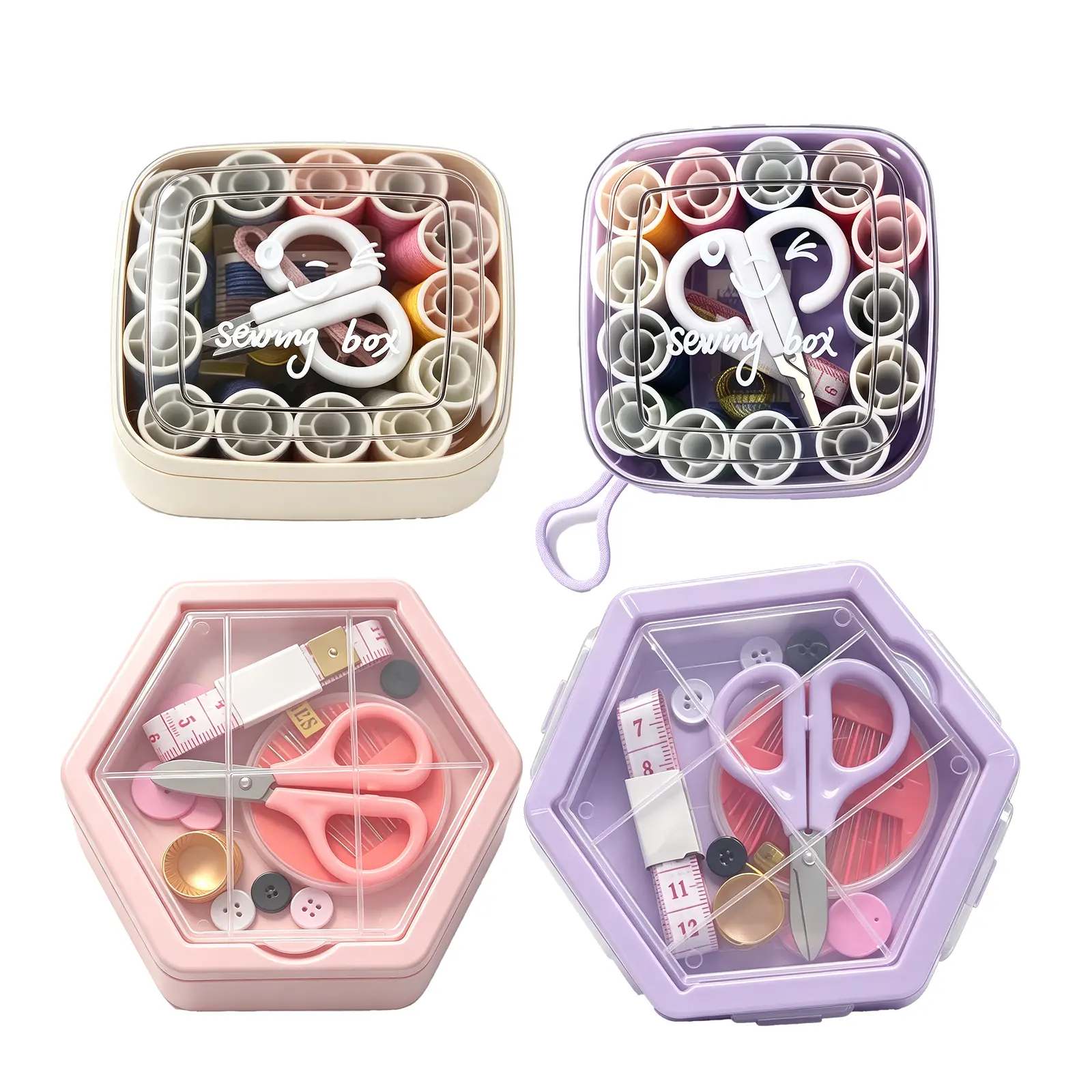 4Sets Multi-Styles Portable Mini Sewing Kit Box, Double Layer Complete Hand Sewing Supplies with Thread Spools, Scissors, Tape Measure, Buttons, Needles, Travel DIY Repair Sewing Set for Beginners Adults Home Use