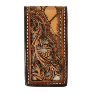 D250014408 3D Leather Money Clip Magnetic Scrolling Filigree Tan