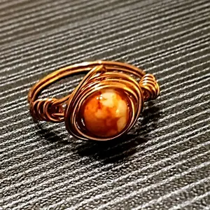 Handmade Wirewrapped Ring with Orange Marbled Bead in Size 9 - Coppertoned Wire