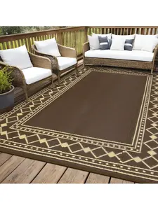 Brown-8*10 feet Outdoor Area Rug Waterproof Plastic Straw Camping Rugs Modern Stylish Geometric Reversible Light Weight Portable Mat UV Resistant Outdoor Carpet For Patio RV Trip Balcony Beach Picnic