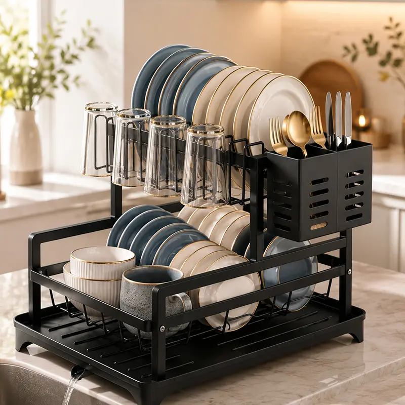 2 Tier Dish Drying Rack with Auto Drain Tray, Kitchen Counter Organizer for Plates, Bowls, Cups and Utensils Multifunctional
