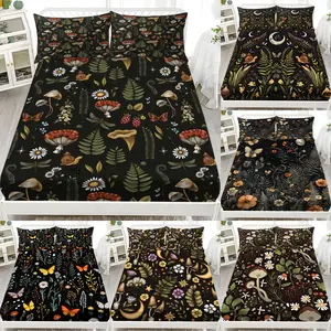 Plant Mushroom Forest Pattern Bedding Set, Soft Comfortable Sheets & Pillowcases, Bedroom Guest Room Dorm Decor, 1 Fitted Sheet + 2 Pillows, Decorative Bedsheet Sets
