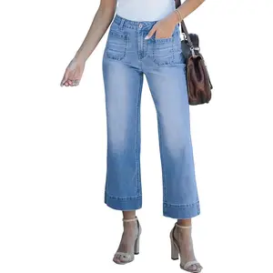 Wide Leg Jeans for Women Trendy High Waisted Flare Jeans Cropped Denim Pants Stretchy Baggy with Patch Pockets
