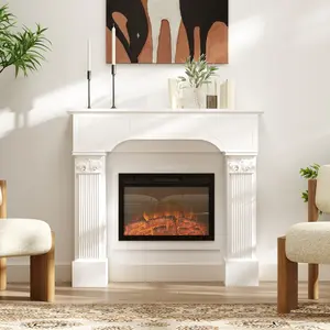 Baroque Freestanding Fireplace Mantle Surround - 43.3" W x 42.8" H White Unit for Electric Fireplaces, Indoor Furniture Complement for TV & Multimedia Centres
