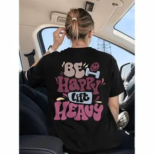 Women'S "Be Happy, Lift Heavy" Graphic T-Shirt - Black -Themed Tee with Dumbbell & Barbell Design, Casual Short Sleeve