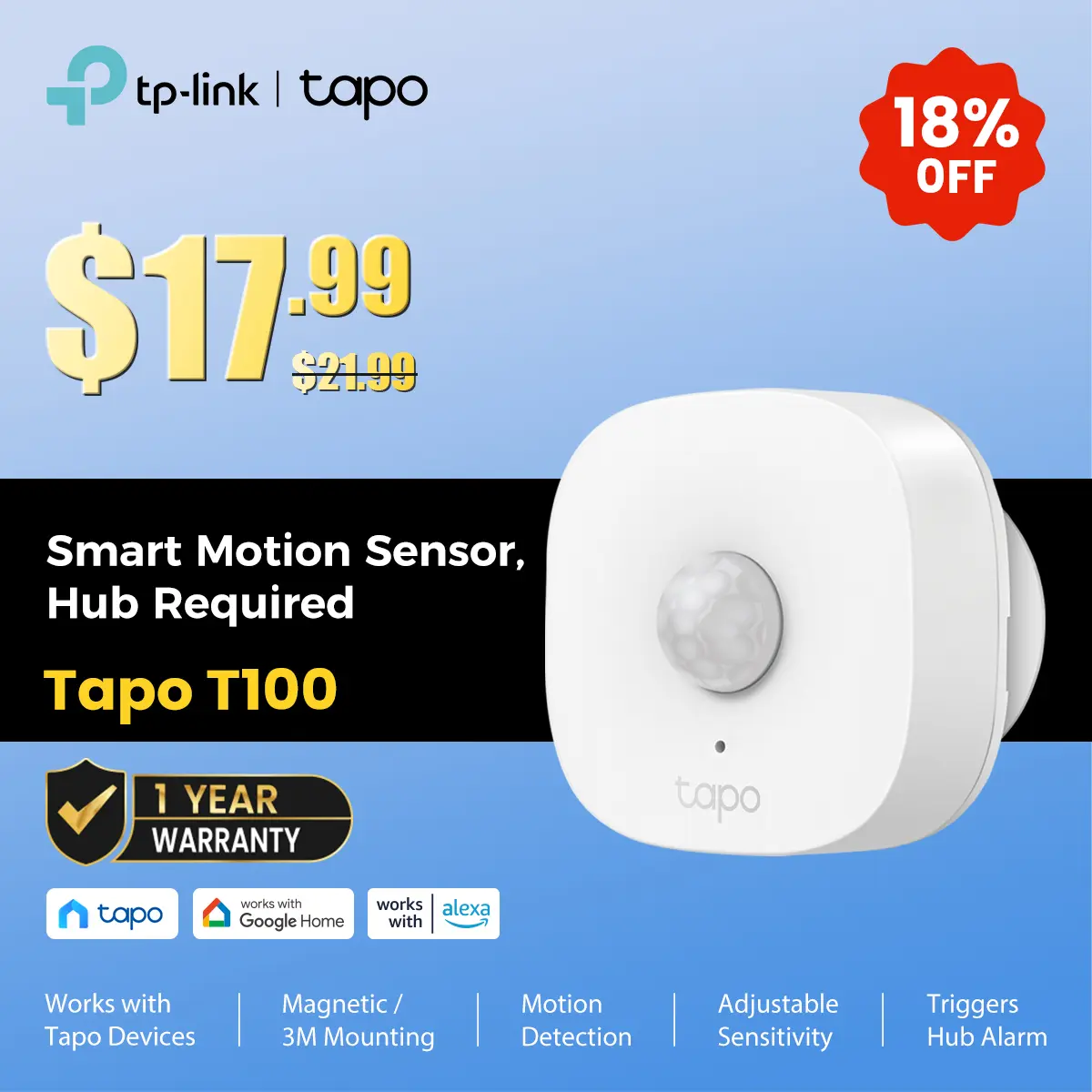 TP-Link & Tapo T100 Smart Motion Sensor – 120° Wide-Range, 3-Level Sensitivity (3/5/7 m), Sub-1G Low-Power Wireless, 2-Year Battery, Real-Time App & Hub Alarm, Magnetic/3M Mount, Requires Tapo Hub  #SummerWins #DealsForYouDays