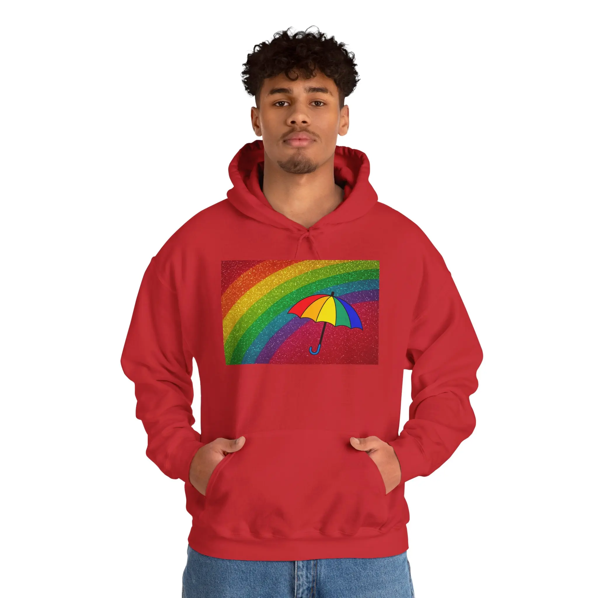 Rainbow Umbrella Hoodie - Cozy Unisex Sweatshirt, LGBTQ+ Pride Apparel, Gift for Her, Colorful Casual Wear, Umbrella Design Fabric Kangaroo Menswear Love Medium Pocket