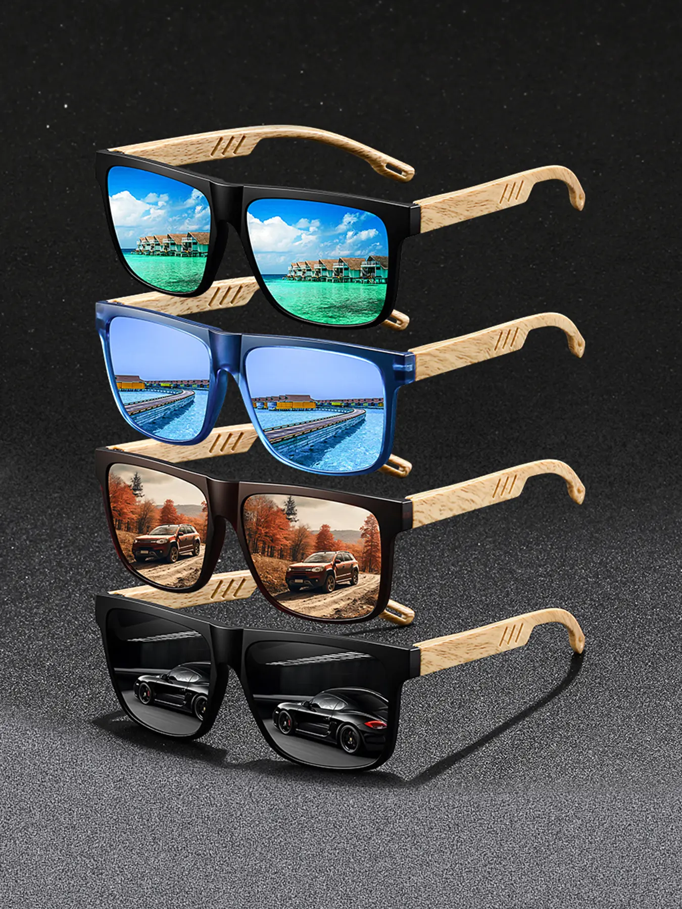 4 pairs of retro imitation bamboo hollow out glasses, Trendy frames sunglasses, with multiple colors to choose from, suitable for both men and women. The retro wood grain frame made of polycarbonate material is suitable for outdoor scenes