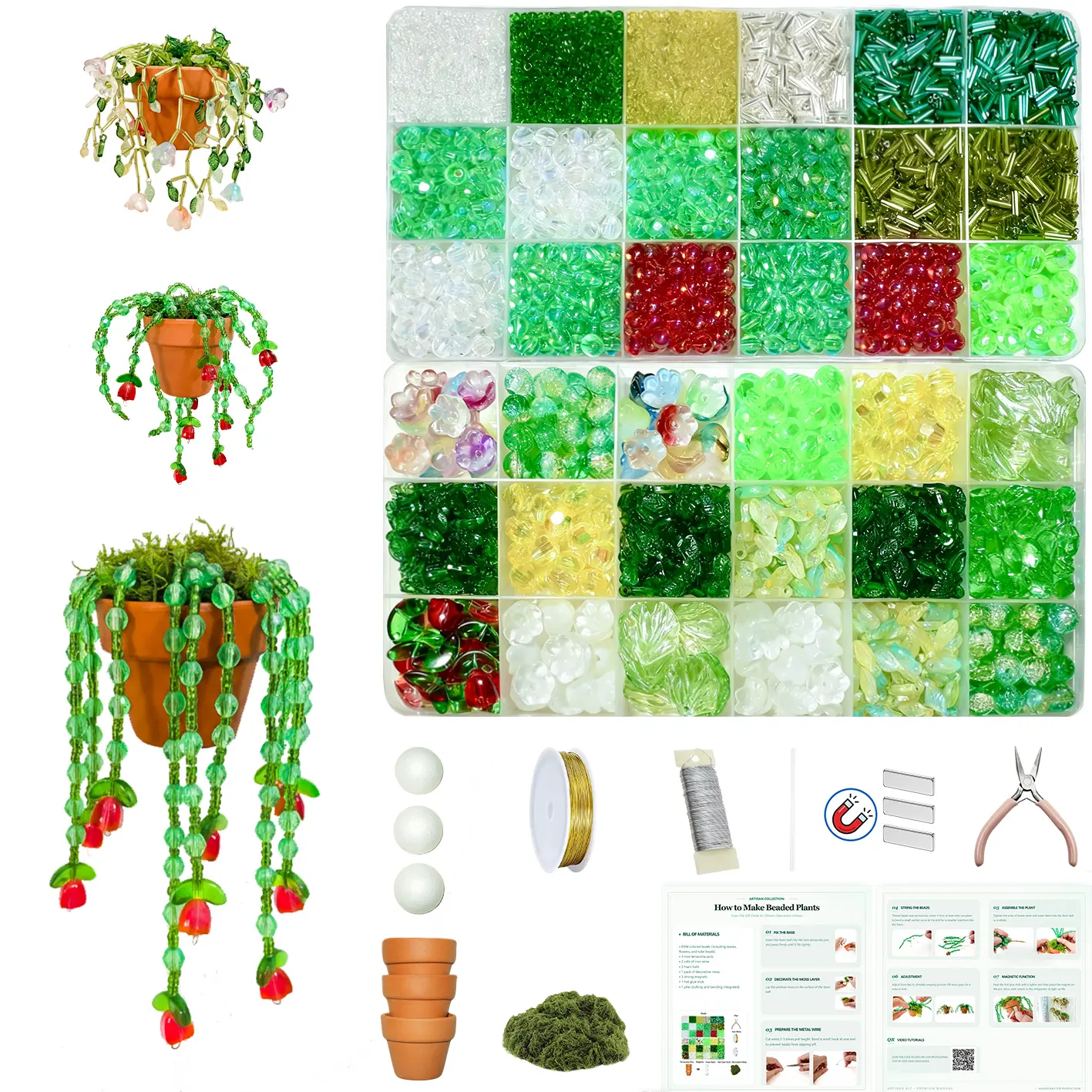 6384pcs Beaded Plants Kit Magnets for Fridge, Green Beads Leaf Glass flowers for Succulent Plant Lover Jewelry Making Diy Craft Gifts Colorful Dangling Charms Sun Catchers Window Home Décor