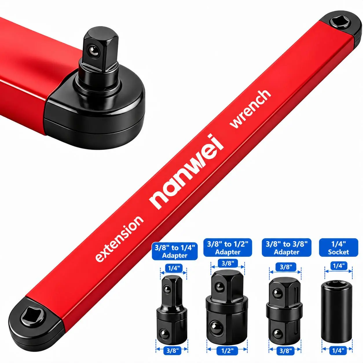 Nanwei Offset Extension Wrench - Impact Ready Adapters Set with 1/2", 1/4", 3/8" Square Drives with a 1/4" socket.Tight Spots Tool for Daily Use, Ideal Gift for Fathers