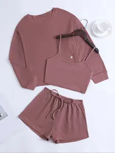 Women's Waffle Knit Tank Top + Long Sleeve Round Neck Shirt + Drawstring Shorts Set, Casual Loose Fit Homewear, Fall & Winter