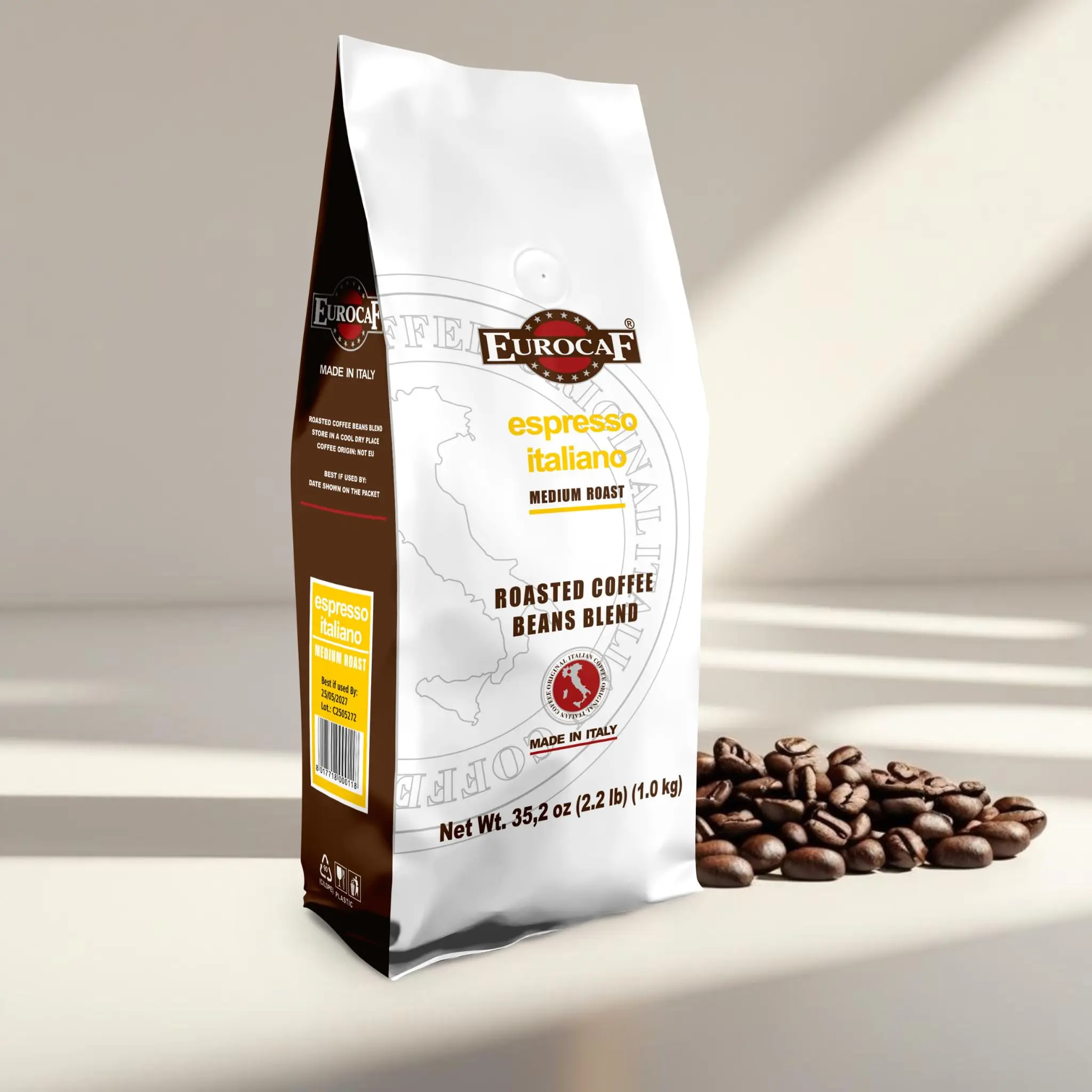 Eurocaf Espresso Italiano, Blended Whole Bean Coffee, Medium Roast, 2.2 Ib bag, Original Italian Coffee (Pack of 1)