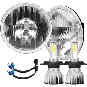 H4/9003 LED Headlight Bulb + 7inch H6024 Glass Round LED Headlight Housing, Halogen Sealed High and Low Beam, Original Classic Appearance Modification Kit Pair