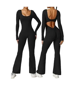Vertvie Flare Jumpsuits for Women Sexy Scrunch Butt One Piece Workout Bodysuit Jumpsuit Built in Bra Backless Bodycon Romper Seamless Unitard Playsuit