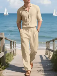 Men's Long Sleeve Linen Shirt Pants Set, Casual Vacation Comfortable, Suitable for Outdoor Travel and Holiday Wear