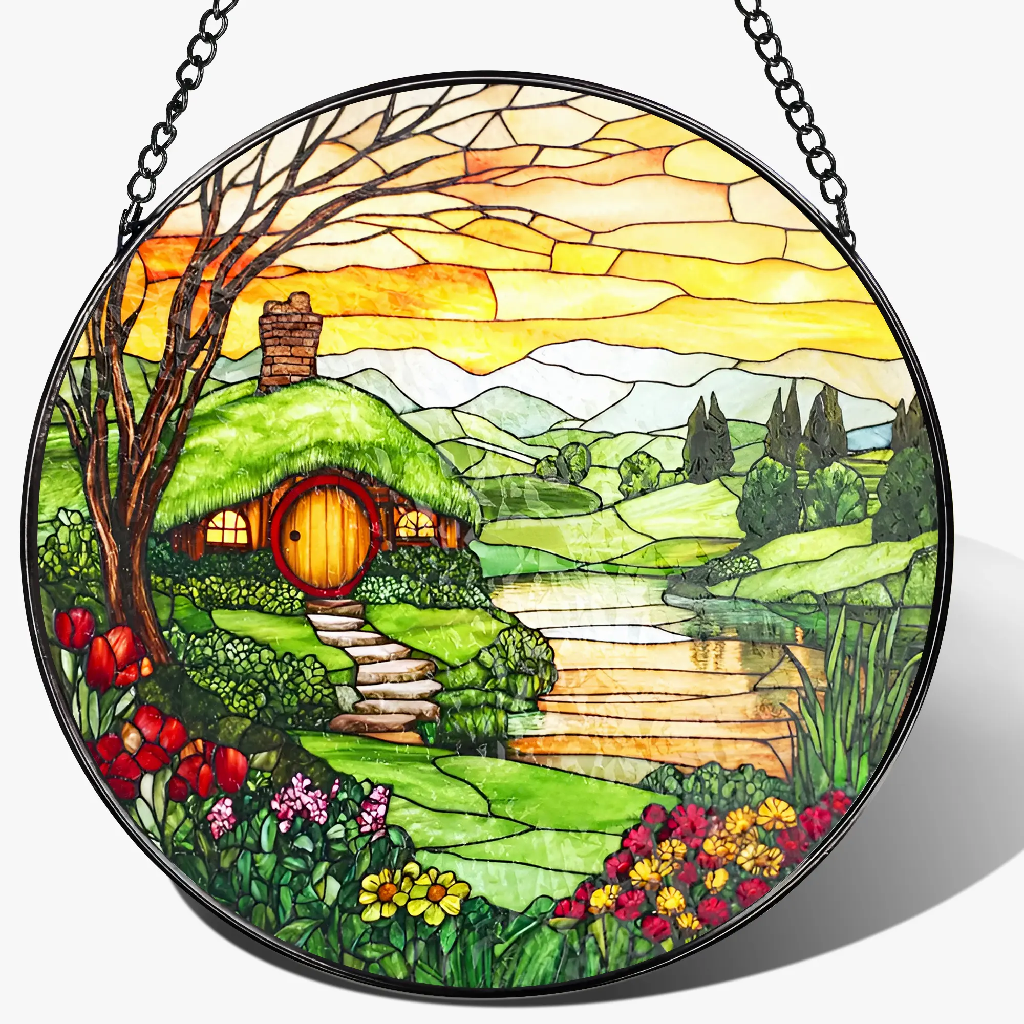 8-Inch The Shire Stained Glass Window Hanging - Decorative Stained Glass Art Ornament, Natural Home Window Decor, Birthday Gift for Women with Box, Hanging Home Supply
