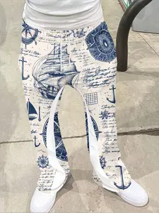 Men's Loose Fit 3D Nautical Print Bell Bottoms, Casual Sporty Pants, Casual Fitted Trousers, Streetwear Hip Hop Vintage Long Pants, Casual Street Style, All Seasons