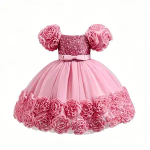 Girls Short Sleeve Party Dress Floral Embroidery Puffy Tulle Bow Flower Girl Princess Gown，mothersdaygift