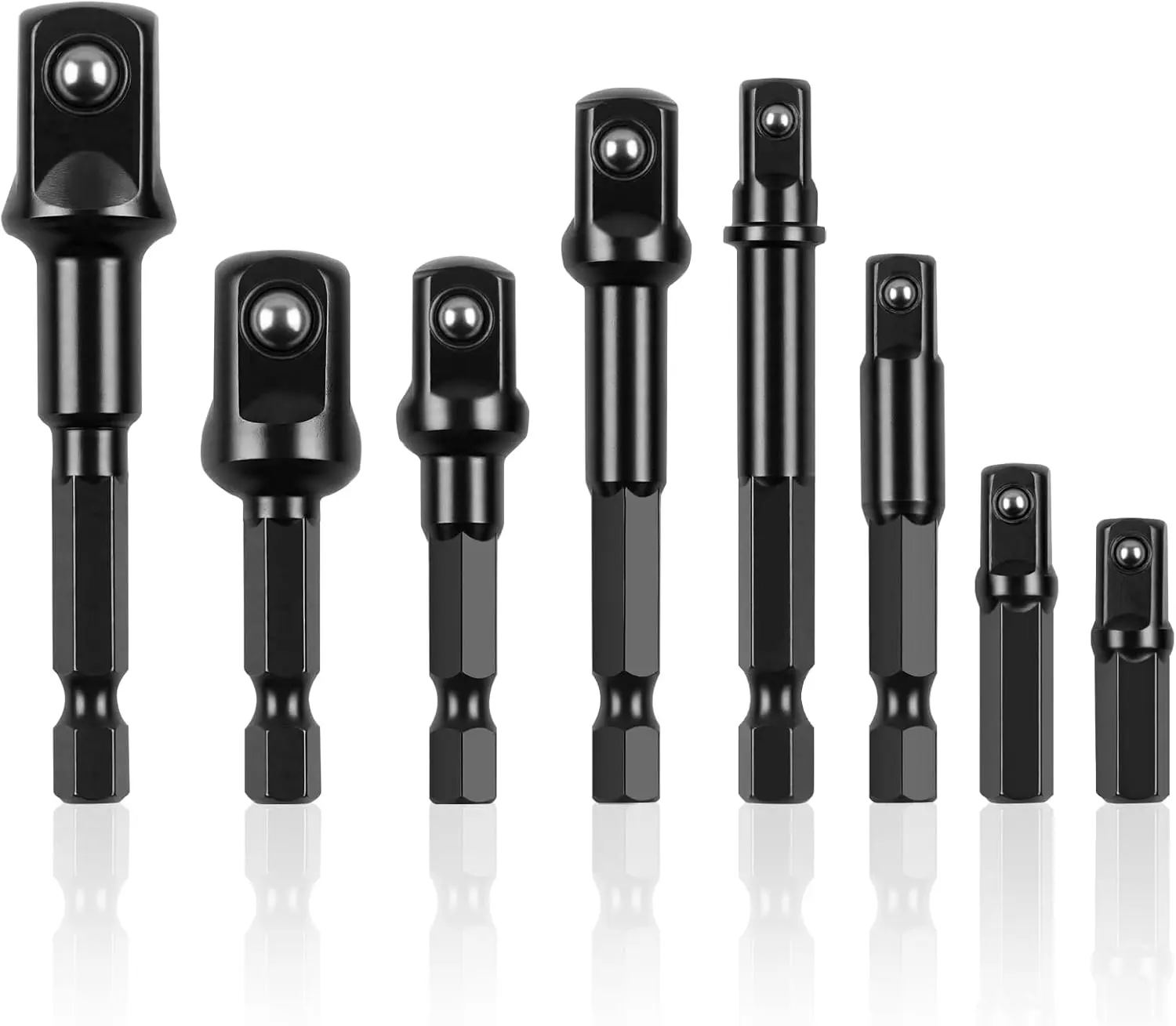 Rindion Drill Socket Adapter 8 Piece, Black Impact Sockets Adapter Set Fit for 1/4", 3/8", 1/2" Hex Shank, 5 Different Lengths Socket Drill Adapter, Universal 1/4 Socket Adapter