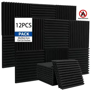 12 sheets of black 30*30*2.5cm flame-retardant high-density triangular groove sound-absorbing cotton sound-absorbing board and sound insulation foam board are suitable for recording studios, music rooms, bedrooms, walls and ceilings of homes, home theater