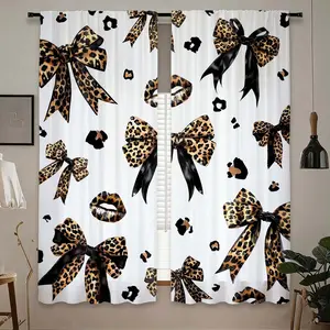2pcs Creative Leopard Print Bow Lip Curtain Set, Blackout Curtains, Polyester Fiber, Kitchen Bedroom Office Living Room Decor