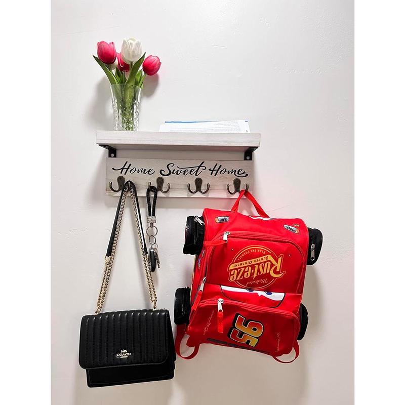 Wall-Mounted Key and Mail Holder, Wooden Key Rack with 4 Double Key Hooks, Rustic  Decor for Entryway(White)