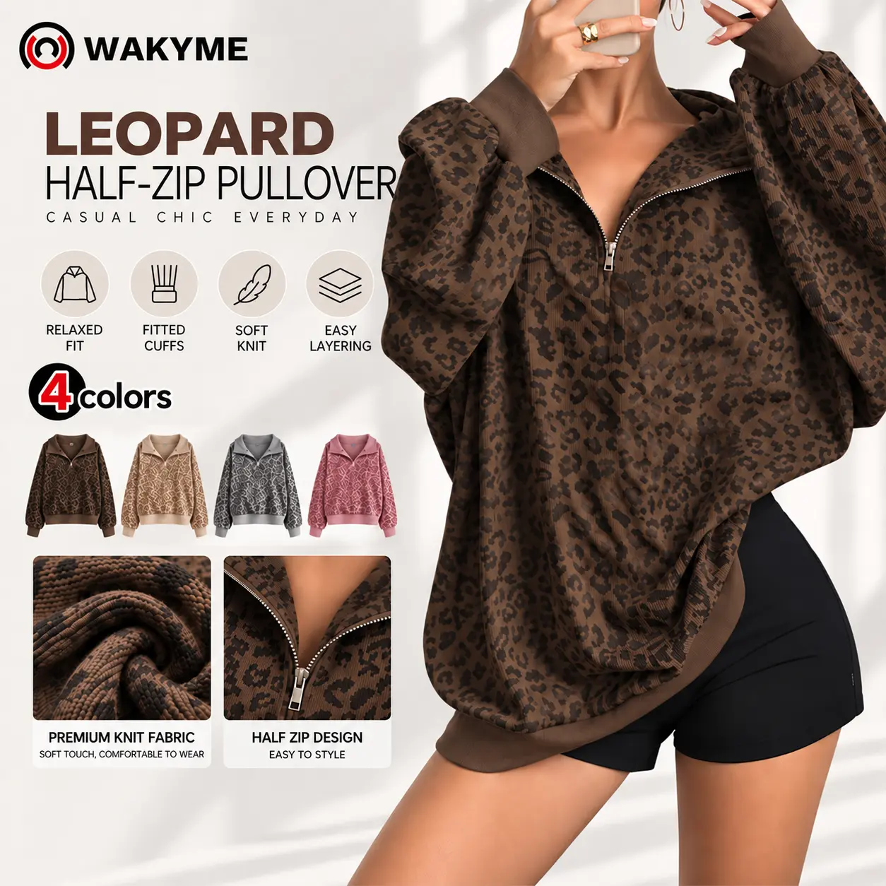 WAKYME Women's Leopard Print Stand Collar Polyester Sweatshirt Jacket - Casual Cozy, Athletic Loose-Fit Pullover Top, Streetwear for Women Fall Outwear
