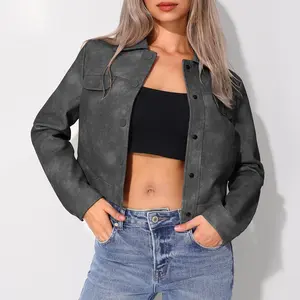 Women's Grey Collared Fitted Faux Leather Motorcycle Jacket - Longsleeve Minimalist Basic Coat, Suede PU Polyester Fabric, Casual Plain Streetwear Outerwear, Tops, Clothes, Going Out Tops, S-XL