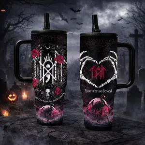 1 Pc 40oz Insulated Mug Double Wall Vacuum Cup Flasks With Handle And Lid, Leak Proof Thermal Mug For Hot Cold Drinks, Keeps Hot 12 Hours Cold 24 Hours, Gothic Skeleton Hands Heart Design Tumbler, Dark Rose Flamingo Style Travel Mug, Spring Sale Gift