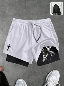 Men's Fashion Street Style Cross Graphic Print Knit Drawstring Shorts, 2 In 1 Compression Shorts,Double Layer Shorts With Pockets,Quick Dry Gym Shorts
