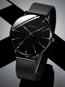 1 piece Geneva men's watch, fashionable quartz watch, simple business mesh bracelet quartz watch