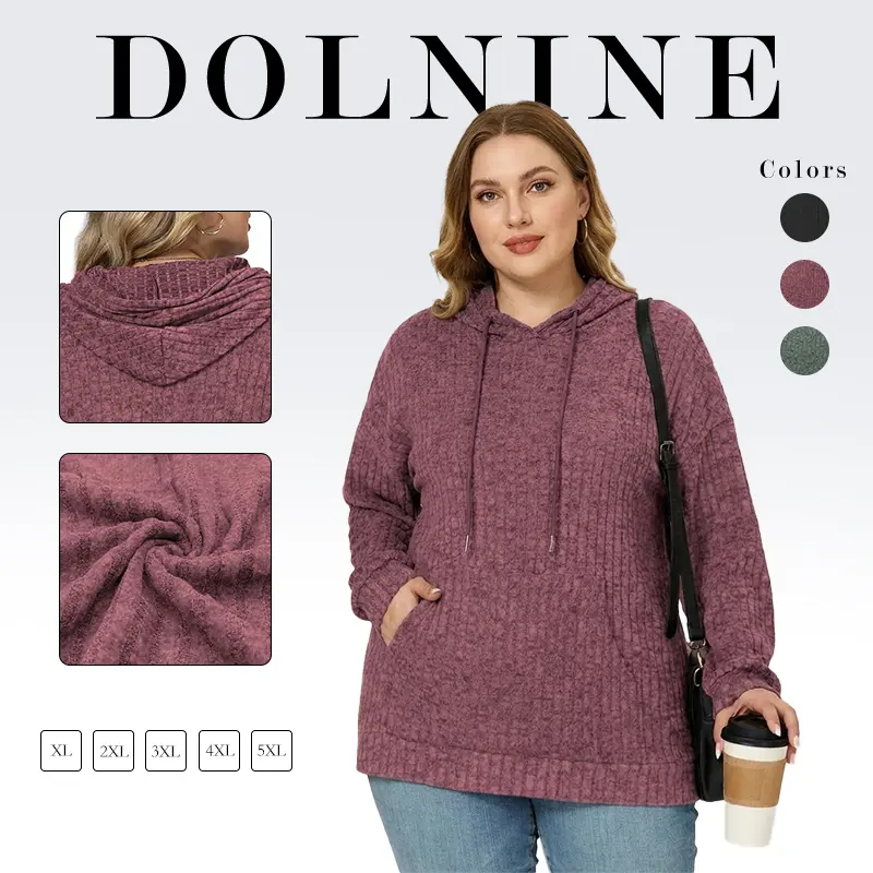 DOLNINE Women's Plus-Size Fit Sweatshirts - Soft Cozy Casual Chic Day Loungewear, Long-Sleeve Slip-On Knit Hoodies with Kangaroo Pocket, Drawstring, for XL-5XL RPS2171