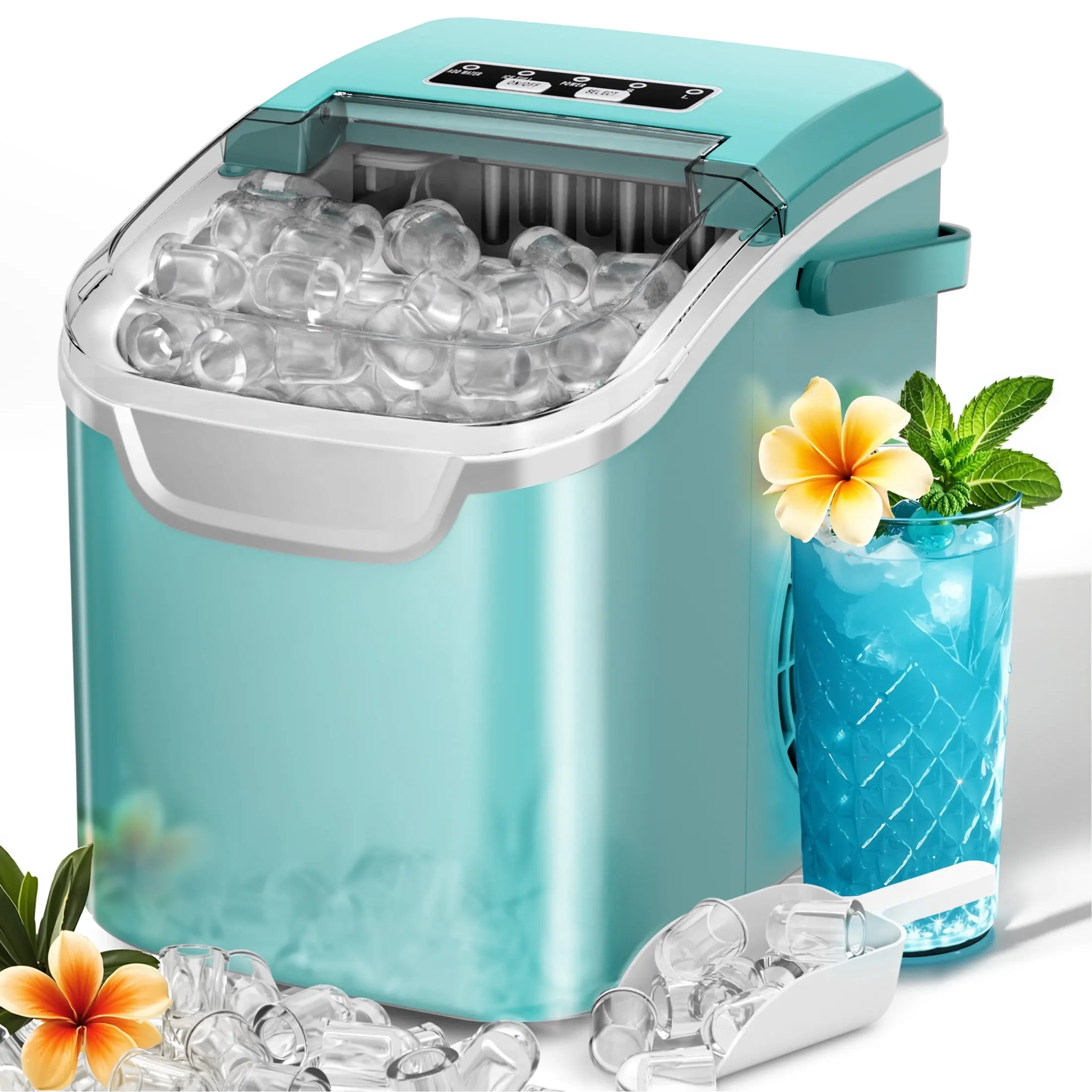 Auseo Countertop Ice Maker, 2 Sizes of Bullet Ice, 26Lbs/24H, 8 Ice Cubes in 6 Mins, Portable Ice Machine with Self-Cleaning for Home/Party/Travel/Camping (Light Green)