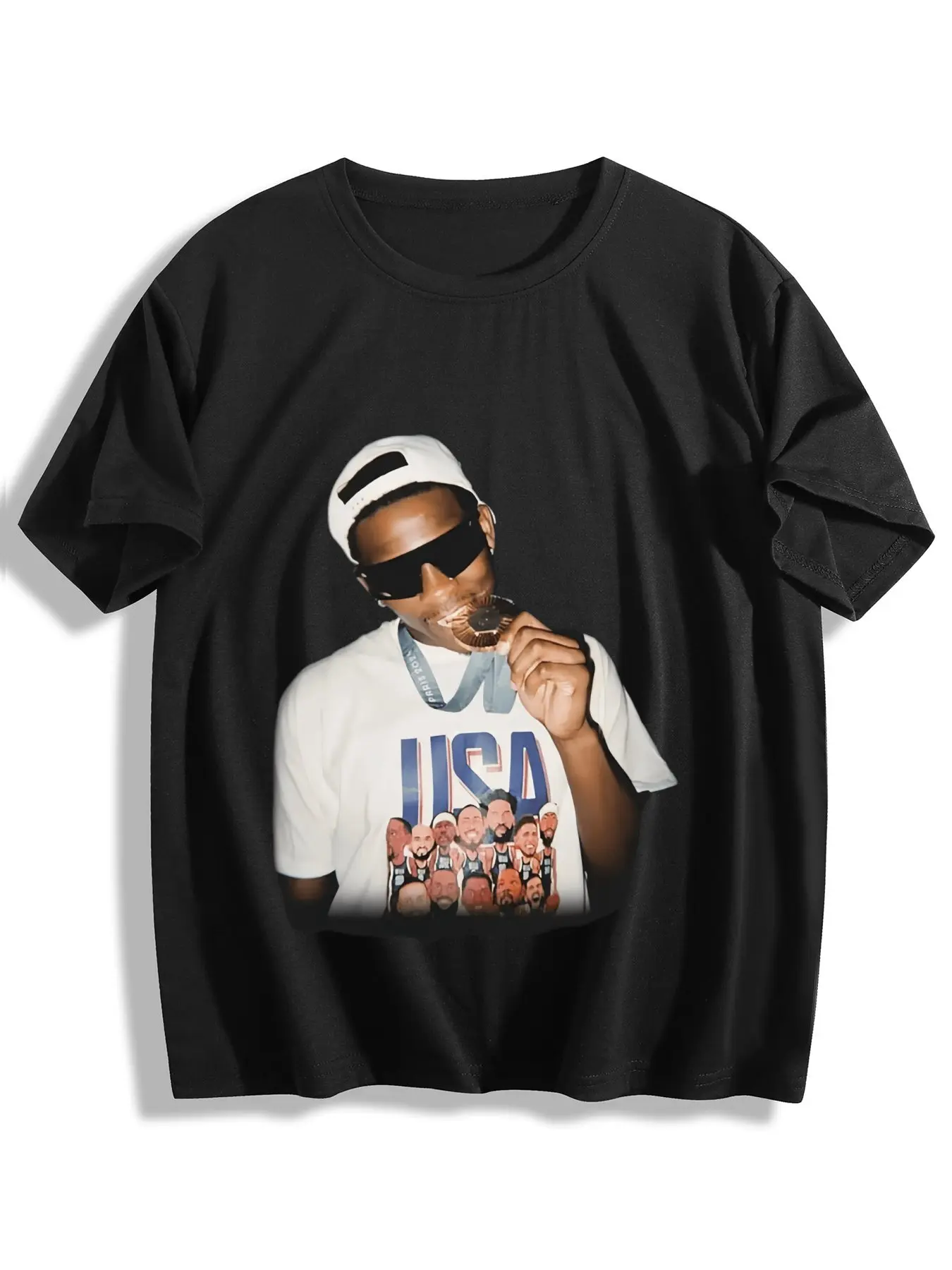 Men's 100% Cotton Heavyweight Crew Neck Printed Tee - Anthony Edwards Olympic Achievement Celebration Graphic, Oversized Loose-Fit Short-Sleeve Vintage Hip Hop Basketball Streetwear, Casual Summer Top, Machine Washable, Celebrates Anthony Edwards' Olympic