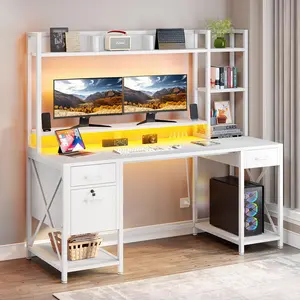 DWVO Computer Desk with Drawers & Hutch, 59.1" Office Desk with LED Lights & Power Outlets, Gaming Desk with Monitor Stand & Storage Shelves