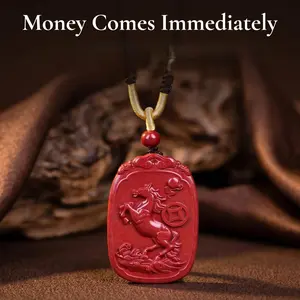 Pup CZ Custom 2026 Year of the Horse Cinnabar Pendant with Rope Chain - Unisex Chinese Zodiac Luck & Wealth Amulet, Auspicious Costume Jewelry Family Gift, Custom Pendant