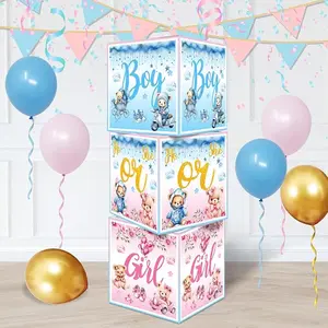 Gender Reveal Party Decorations, 3pcs Gender Reveal Box for Balloons Teddy Bear Gender Reveal Decorations Boy or Girl He or She Baby Shower Blue and Pink Block Boxes Gender Reveal Theme Party Supplies