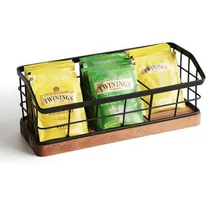 Tea Bag Organizer, Iron Wire Basket with Wooden Base, 3-Slot Tea Storage Containers for Sugar Packet, Tea Bar Accessories for Countertop Cabinet Drawer