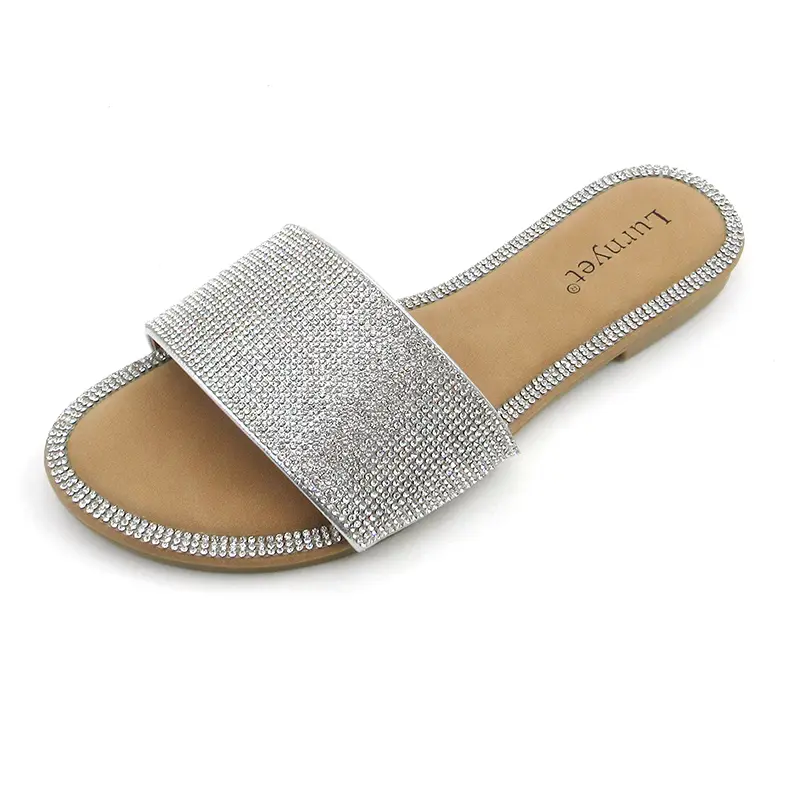 Women's Elegant Open-Toe Slip-On Sandals - Flat Rhinestone Jeweled Accents, Glitter Finish, Breathable All-Seasons Casual Shoes for Wedding Parties, Evening Events