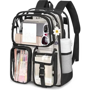 Clear Backpack for School, Heavy Duty PVC Transparent Bookbag with Reinforced Straps Stitches, Clear Bag for Stadium Events Girls Boys, Large Capacity Backpack for  College Work - Black