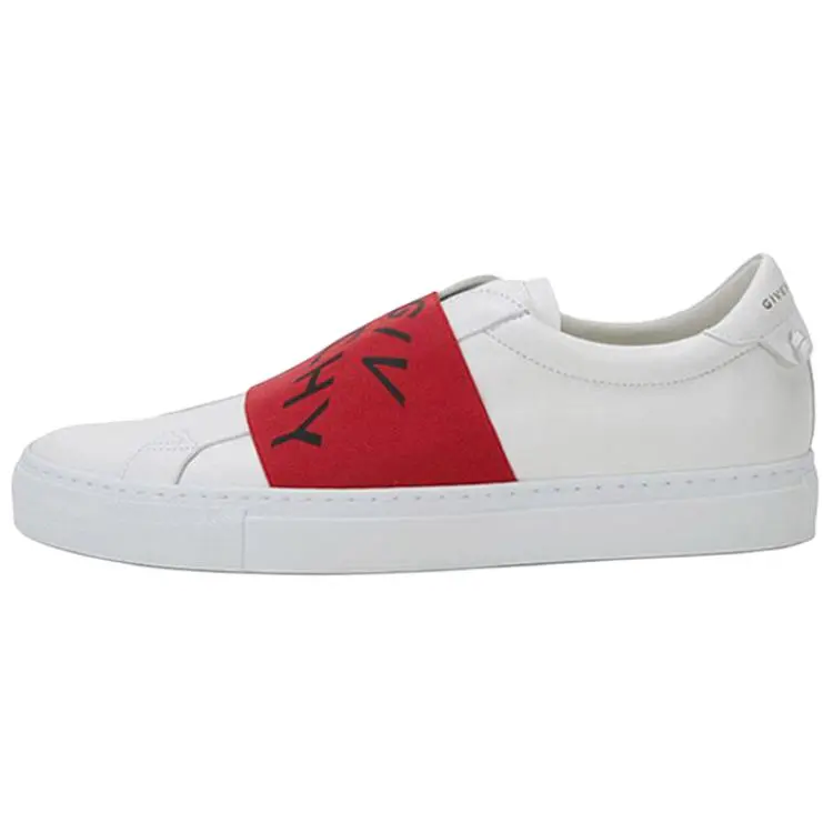 Givenchy Men's Urban Breathable Closed Low-Top Sneakers, White with Red Elastic Straps & Metallic Logos, Round Toe, Casual All-Season Slip-On Flat Shoes