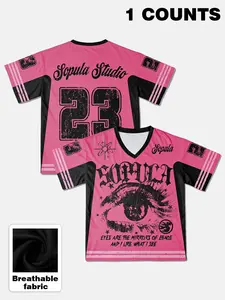 1pc Men's Cyber Y2K Graphic Jersey T-Shirt Pink V-Neck Distressed Eye Print Black Paneled Streetwear Top Retro Grunge Aesthetic Tee for Men