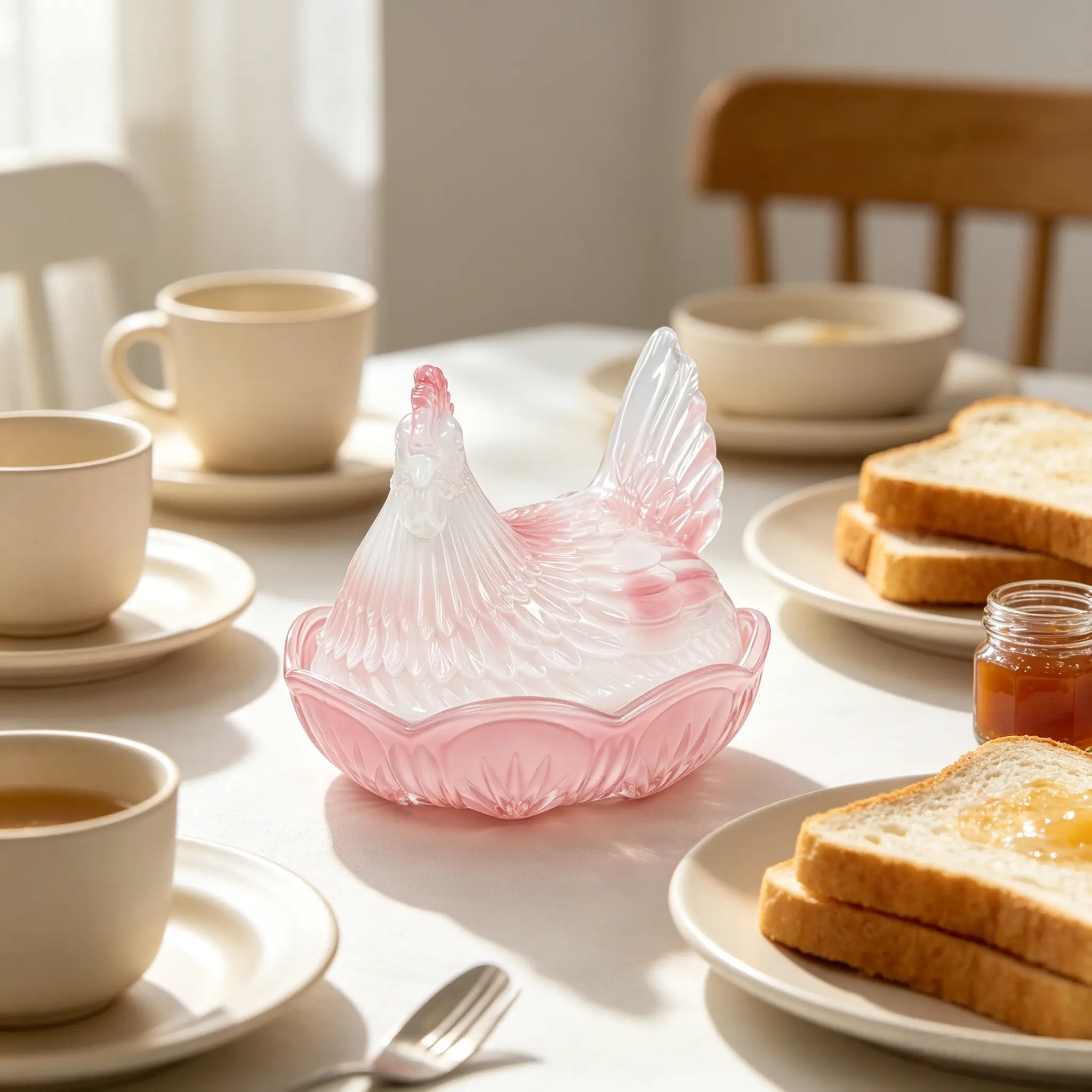Translucent Light Pink-White Gradient Thick Sturdy Glass Hen Covered Candy Bowl, Vintage Farmhouse Chicken Tableware Container, Kitchen Serving Decor, Ideal Easter Holiday Gift Jar for Cookies