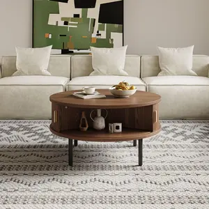 31" Round Wood Fluted Coffee Table with Storage, Mid-Century Modern, with Sliding Doors, Walnut Color, 3 Cabinets, for Living Room