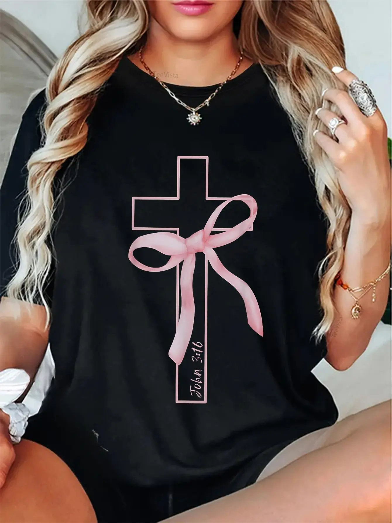 Cotton Coquette Christian Pink Bow Cross John 3:16 Bible Verse T-Shirt,Unisex Crewneck T-shirt for Men And Women