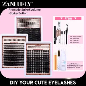 Mega Volume Lash Extension Kit Full Thick Lash Clusters Kit with Spike Bottom Pre-made Spike Lash Extension Kit with Lash Bond and Seal Lash Romver Lash Twezzer Lash Brush Lash Shampoo DIY at Home TikTokShopBlackFriday