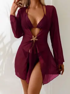 SlaySleep x Sable x Swim Basics Women's Summer Plain Color 3/4 Sleeve Beach Vacation Cover Up Kimono Coverup