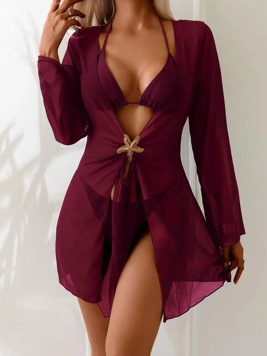 SlaySleep x Sable x Swim Basics Women's Summer Plain Color 3/4 Sleeve Beach Vacation Cover Up Kimono Coverup