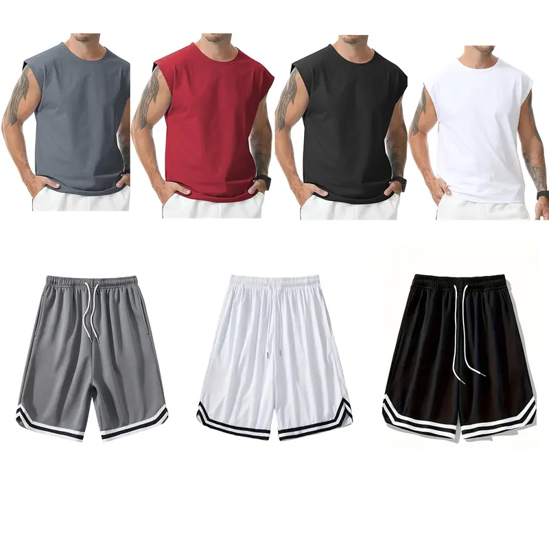 Men's 7-Piece Top & Shorts Transpirable Lightweight Activewear Set - Cool Dry Fit Gym Training Outfit with T-Shirts, Fitted Mesh Joggers, Vest for Running, Hiking Athleisure Sportswear, Top + Shorts Men's Sportswear Set, Transpirable Men's Sportswear Set