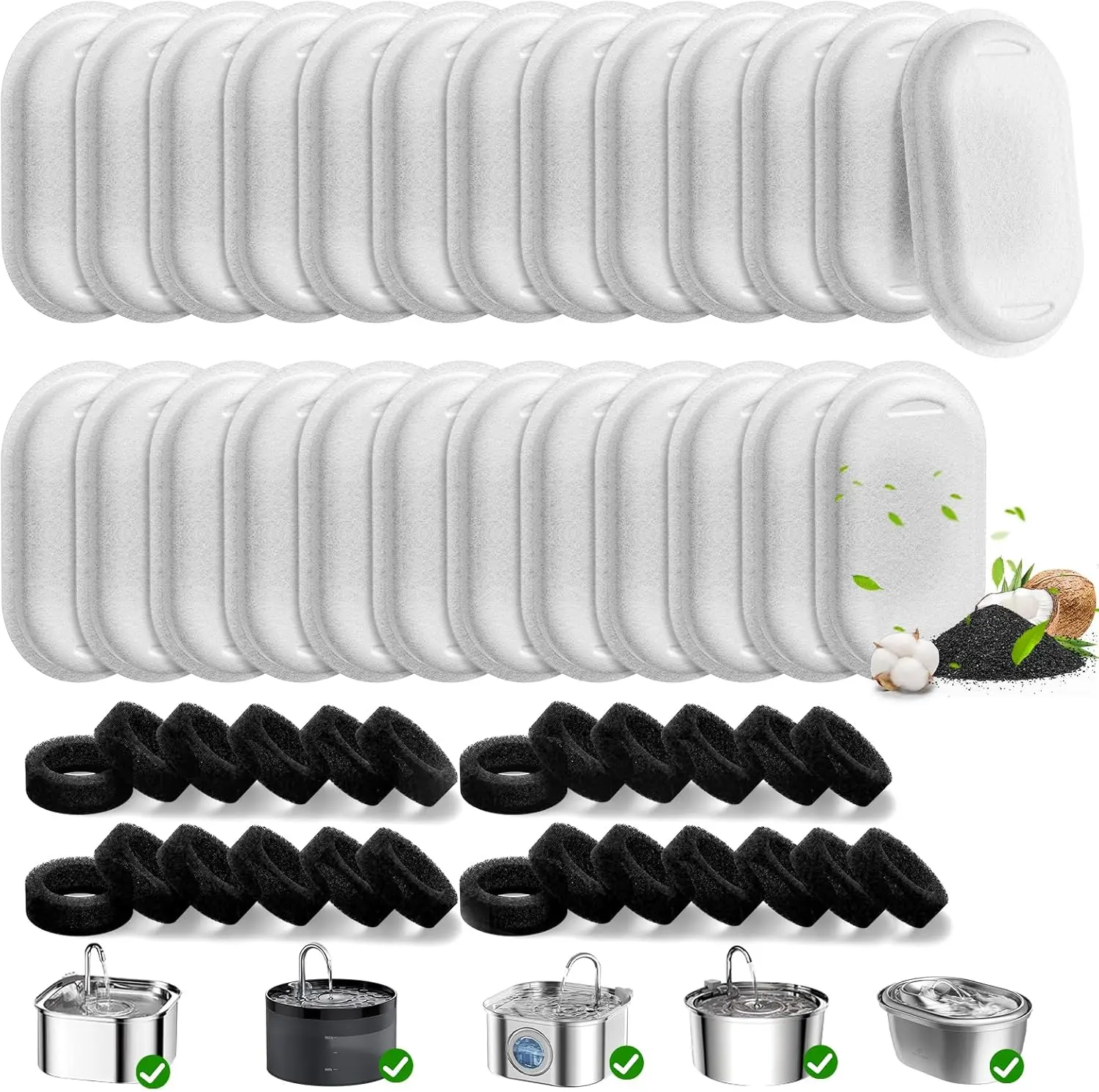 30PCS Cat Water Fountain Filters for 108/3.2L& 67oz/2L& 4L/135oz Stainless Steel Pet Water Dispenser Cat/Dog Fountain Filter Replacement (30 Filters & 30 Sponges)